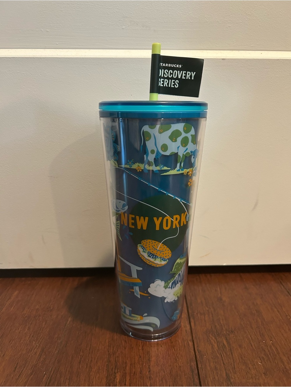 Starbucks New York Blue Travel Tumbler with Teal Lid and Lime Straw